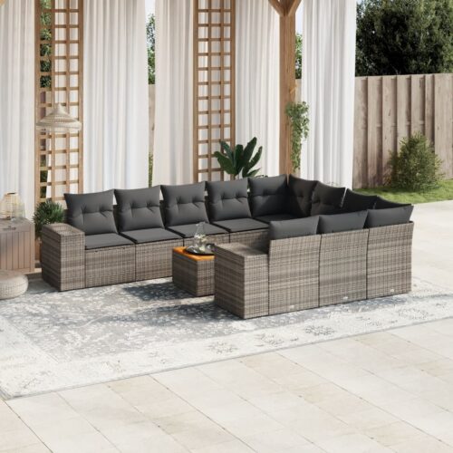 11-Piece Garden Sofa Set with Cushions Outdoor Patio Lounge Furniture Grey Poly Rattan - Image 2