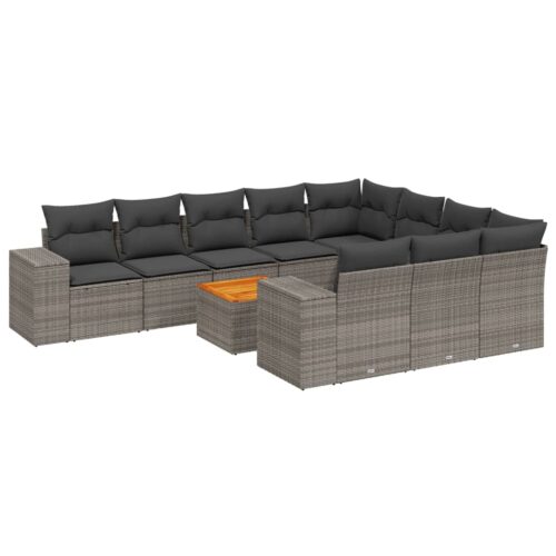 11-Piece Garden Sofa Set with Cushions Outdoor Patio Lounge Furniture Grey Poly Rattan - Image 14