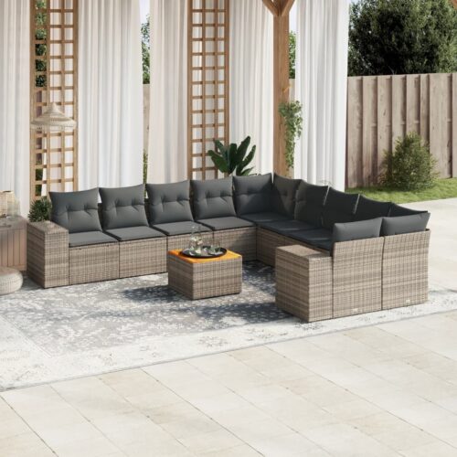 11-Piece Garden Sofa Set with Cushions Outdoor Patio Lounge Furniture Grey Poly Rattan - Image 2