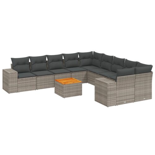 11-Piece Garden Sofa Set with Cushions Outdoor Patio Lounge Furniture Grey Poly Rattan - Image 14