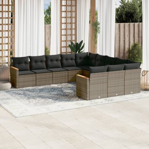 11-Piece Garden Sofa Set with Cushions Outdoor Patio Lounge Furniture Grey Poly Rattan - Image 2