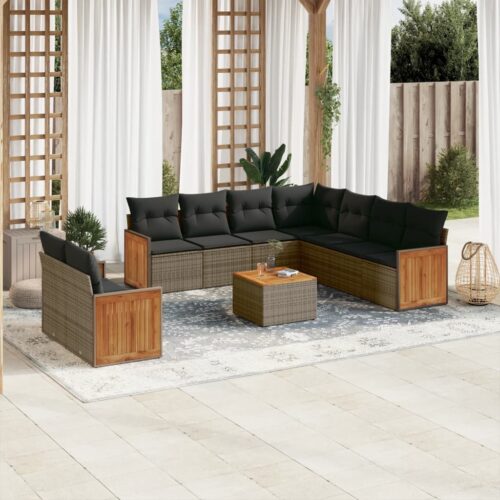 10-Piece Garden Sofa Set with Cushions Outdoor Patio Lounge Furniture Grey Poly Rattan - Image 2
