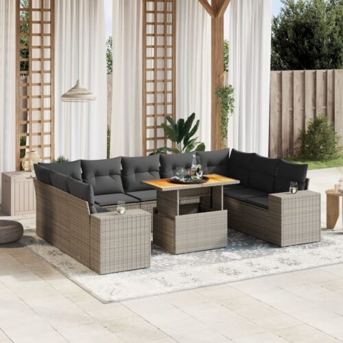 10-Piece Garden Sofa Set with Cushions Outdoor Patio Lounge Furniture Grey Poly Rattan - Image 2