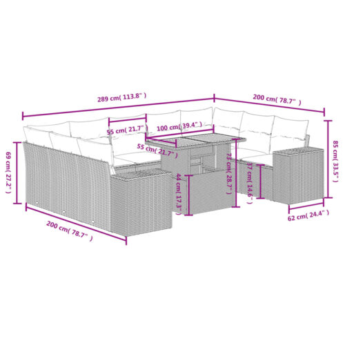 10-Piece Garden Sofa Set with Cushions Outdoor Patio Lounge Furniture Grey Poly Rattan - Image 3