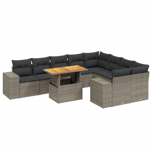 10-Piece Garden Sofa Set with Cushions Outdoor Patio Lounge Furniture Grey Poly Rattan