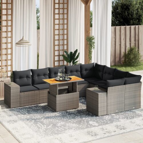 10-Piece Garden Sofa Set with Cushions Outdoor Patio Lounge Furniture Grey Poly Rattan - Image 2