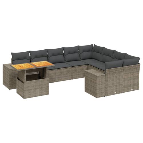 10-Piece Garden Sofa Set with Cushions Outdoor Patio Lounge Furniture Grey Poly Rattan
