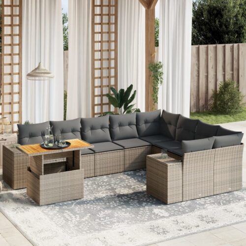 10-Piece Garden Sofa Set with Cushions Outdoor Patio Lounge Furniture Grey Poly Rattan - Image 2