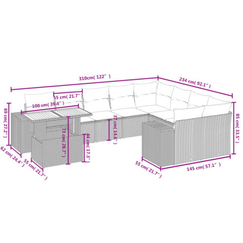 10-Piece Garden Sofa Set with Cushions Outdoor Patio Lounge Furniture Grey Poly Rattan - Image 3