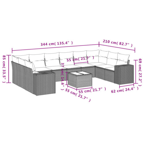 11-Piece Garden Sofa Set with Cushions Outdoor Patio Lounge Furniture Grey Poly Rattan - Image 8