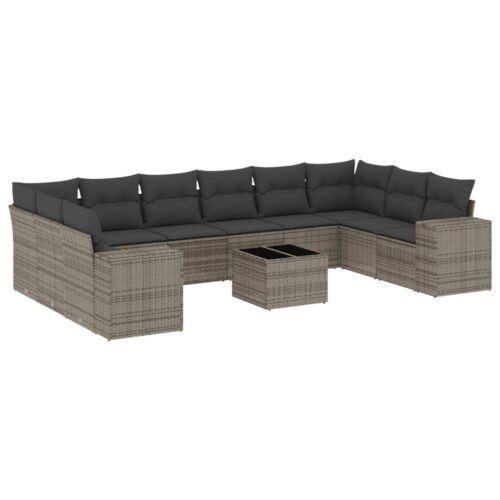 11-Piece Garden Sofa Set with Cushions Outdoor Patio Lounge Furniture Grey Poly Rattan - Image 14