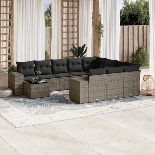 11-Piece Garden Sofa Set with Cushions Outdoor Patio Lounge Furniture Grey Poly Rattan - Image 2