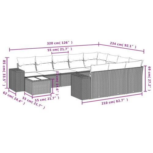 11-Piece Garden Sofa Set with Cushions Outdoor Patio Lounge Furniture Grey Poly Rattan - Image 8