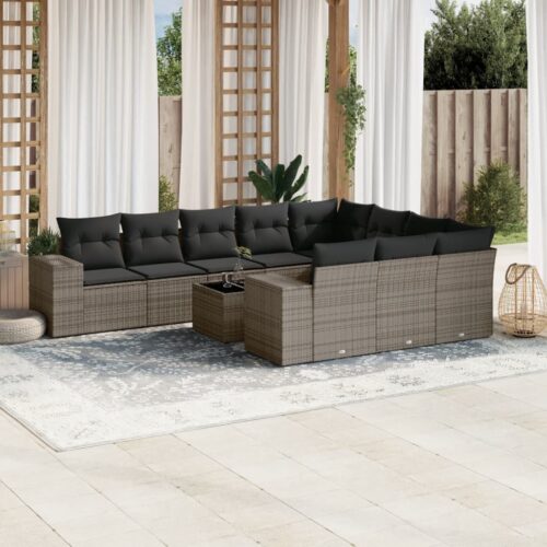 11-Piece Garden Sofa Set with Cushions Outdoor Patio Lounge Furniture Grey Poly Rattan - Image 2