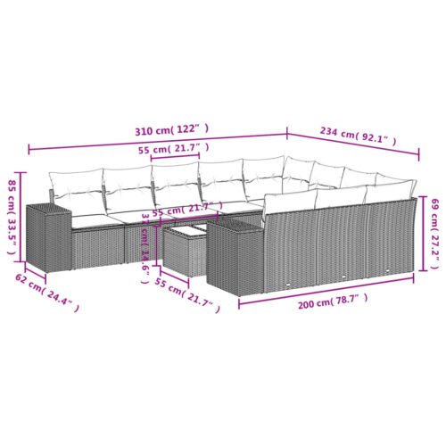 11-Piece Garden Sofa Set with Cushions Outdoor Patio Lounge Furniture Grey Poly Rattan - Image 8