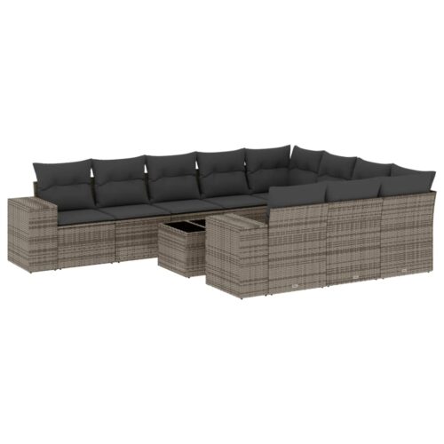 11-Piece Garden Sofa Set with Cushions Outdoor Patio Lounge Furniture Grey Poly Rattan - Image 14