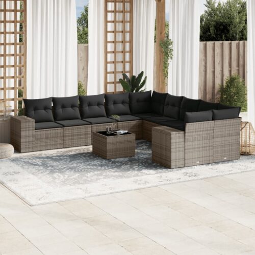 11-Piece Garden Sofa Set with Cushions Outdoor Patio Lounge Furniture Grey Poly Rattan - Image 2