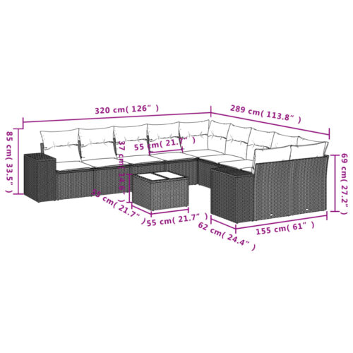 11-Piece Garden Sofa Set with Cushions Outdoor Patio Lounge Furniture Grey Poly Rattan - Image 8