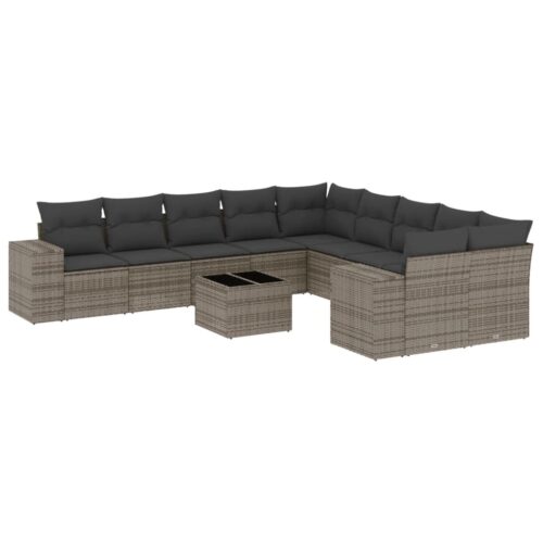 11-Piece Garden Sofa Set with Cushions Outdoor Patio Lounge Furniture Grey Poly Rattan - Image 14