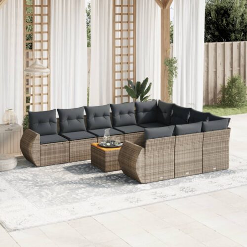 11-Piece Garden Sofa Set with Cushions Outdoor Patio Lounge Furniture Grey Poly Rattan - Image 2