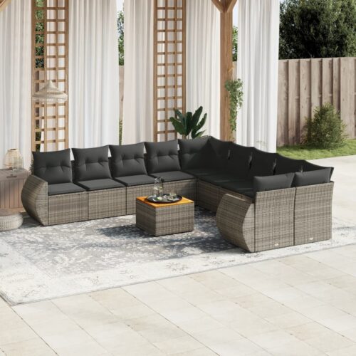 11-Piece Garden Sofa Set with Cushions Outdoor Patio Lounge Furniture Grey Poly Rattan - Image 2