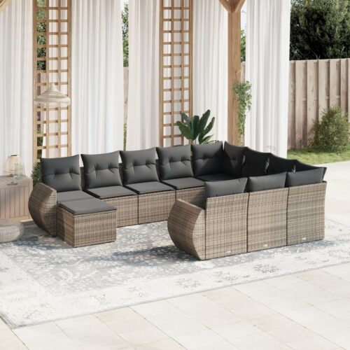 11-Piece Garden Sofa Set with Cushions Outdoor Patio Lounge Furniture Grey Poly Rattan - Image 2