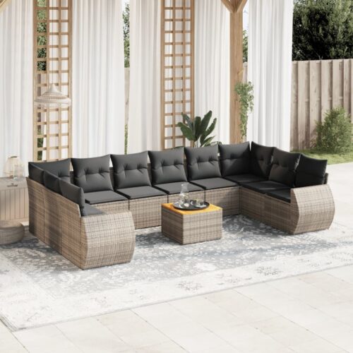 11-Piece Garden Sofa Set with Cushions Outdoor Patio Lounge Furniture Grey Poly Rattan - Image 2