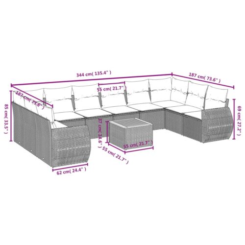 11-Piece Garden Sofa Set with Cushions Outdoor Patio Lounge Furniture Grey Poly Rattan - Image 3