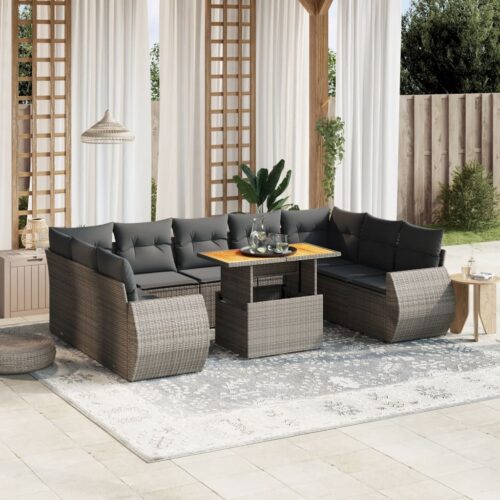 10-Piece Garden Sofa Set with Cushions Outdoor Patio Lounge Furniture Grey Poly Rattan - Image 2