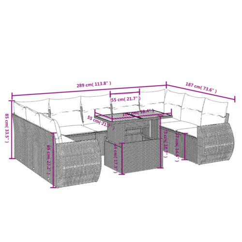 10-Piece Garden Sofa Set with Cushions Outdoor Patio Lounge Furniture Grey Poly Rattan - Image 3