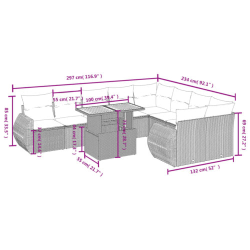 10-Piece Garden Sofa Set with Cushions Outdoor Patio Lounge Furniture Grey Poly Rattan - Image 3