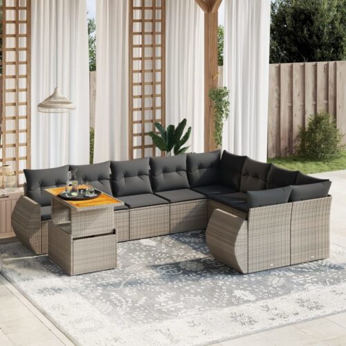 10-Piece Garden Sofa Set with Cushions Outdoor Patio Lounge Furniture Grey Poly Rattan - Image 2