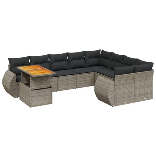 10-Piece Garden Sofa Set with Cushions Outdoor Patio Lounge Furniture Grey Poly Rattan - Image 5