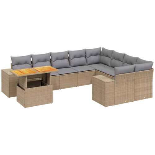 10-Piece Garden Sofa Set with Cushions Outdoor Patio Lounge Furniture Beige Poly Rattan - Image 5