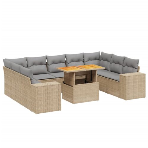 10-Piece Garden Sofa Set with Cushions Outdoor Patio Lounge Furniture Beige Poly Rattan