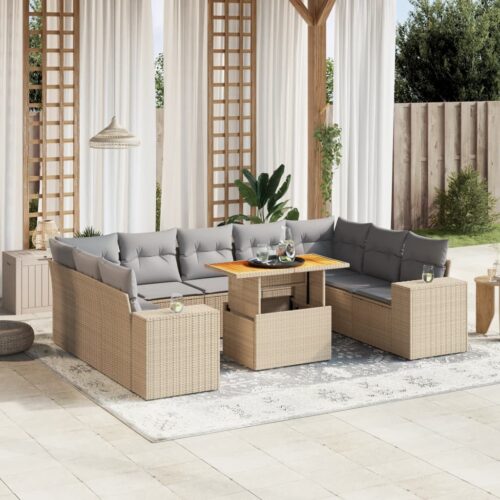 10-Piece Garden Sofa Set with Cushions Outdoor Patio Lounge Furniture Beige Poly Rattan - Image 2