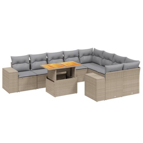 10-Piece Garden Sofa Set with Cushions Outdoor Patio Lounge Furniture Beige Poly Rattan