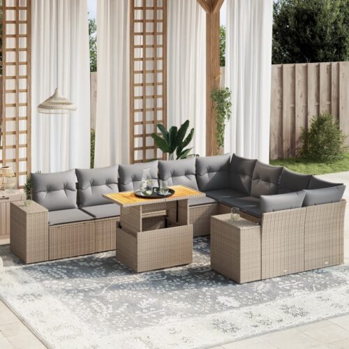 10-Piece Garden Sofa Set with Cushions Outdoor Patio Lounge Furniture Beige Poly Rattan - Image 2
