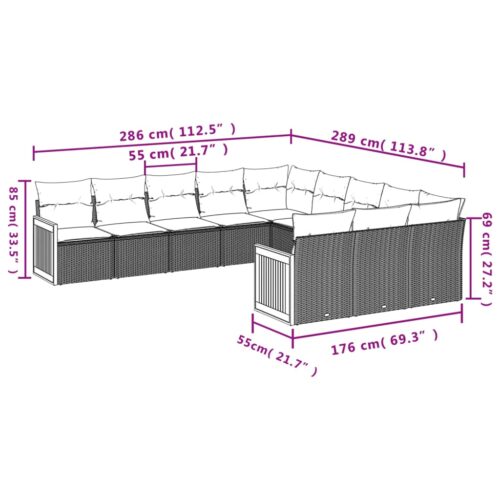 11-Piece Garden Sofa Set with Cushions Outdoor Patio Lounge Furniture Grey Poly Rattan - Image 7