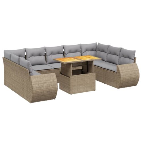 10-Piece Garden Sofa Set with Cushions Outdoor Patio Lounge Furniture Beige Poly Rattan