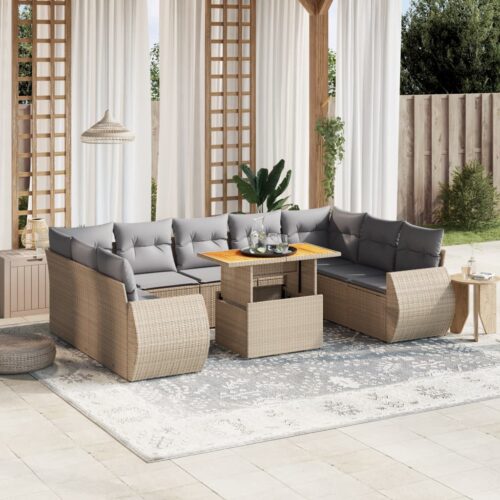 10-Piece Garden Sofa Set with Cushions Outdoor Patio Lounge Furniture Beige Poly Rattan - Image 2