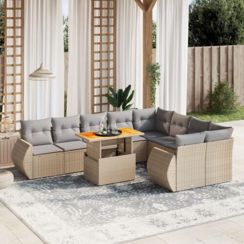 10-Piece Garden Sofa Set with Cushions Outdoor Patio Lounge Furniture Beige Poly Rattan - Image 2