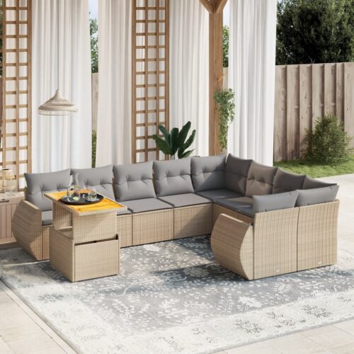 10-Piece Garden Sofa Set with Cushions Outdoor Patio Lounge Furniture Beige Poly Rattan - Image 2