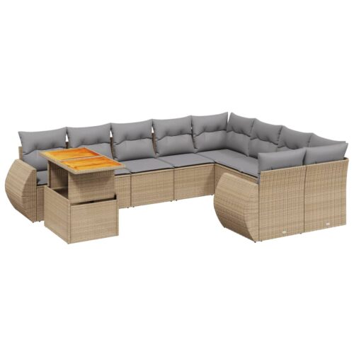 10-Piece Garden Sofa Set with Cushions Outdoor Patio Lounge Furniture Beige Poly Rattan - Image 5