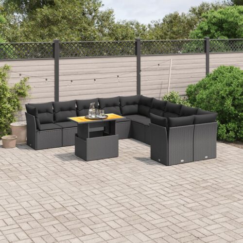 11-Piece Garden Sofa Set with Cushions Outdoor Patio Lounge Furniture Black Poly Rattan - Image 2