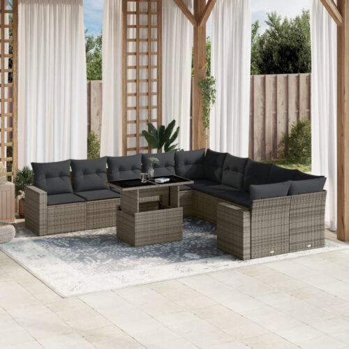 11-Piece Garden Sofa Set with Cushions Outdoor Patio Lounge Furniture Grey Poly Rattan - Image 2