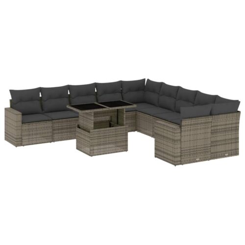 11-Piece Garden Sofa Set with Cushions Outdoor Patio Lounge Furniture Grey Poly Rattan - Image 13