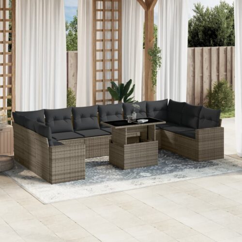 11-Piece Garden Sofa Set with Cushions Outdoor Patio Lounge Furniture Grey Poly Rattan - Image 2