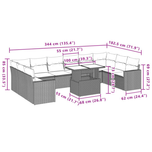 11-Piece Garden Sofa Set with Cushions Outdoor Patio Lounge Furniture Grey Poly Rattan - Image 9