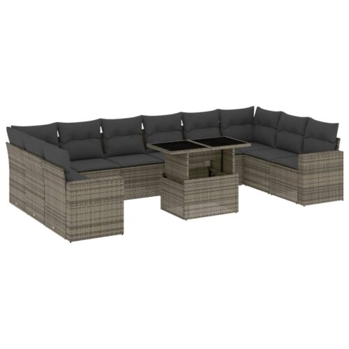 11-Piece Garden Sofa Set with Cushions Outdoor Patio Lounge Furniture Grey Poly Rattan - Image 13